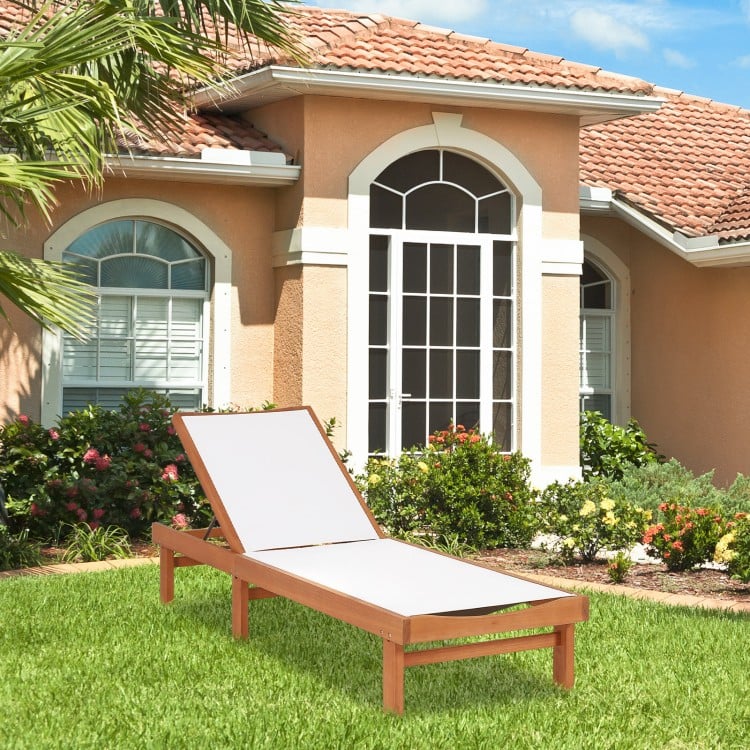 Outdoor wood chaise lounge chair with adjustable back, made of eucalyptus, perfect for patio or garden relaxation.