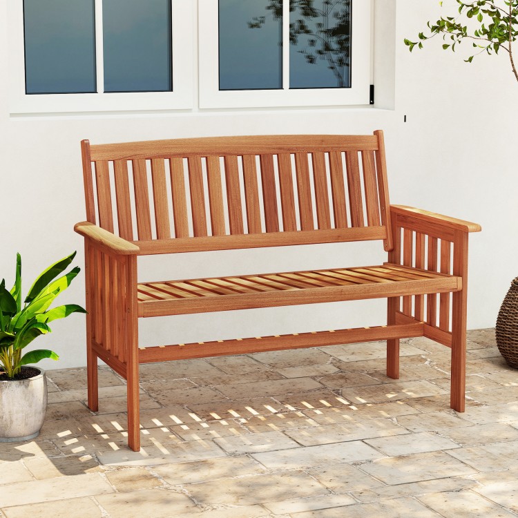 Two-person outdoor wood garden bench with slatted seat and backrest, perfect for patio or backyard relaxation.