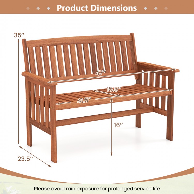 Outdoor wood garden bench dimensions showing slatted seat, backrest, and armrests for two-person patio seating.