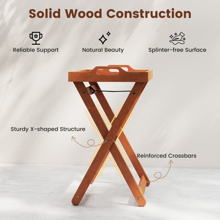 Portable outdoor wood tray table with solid construction, X-shaped structure, and removable tray for convenient serving.