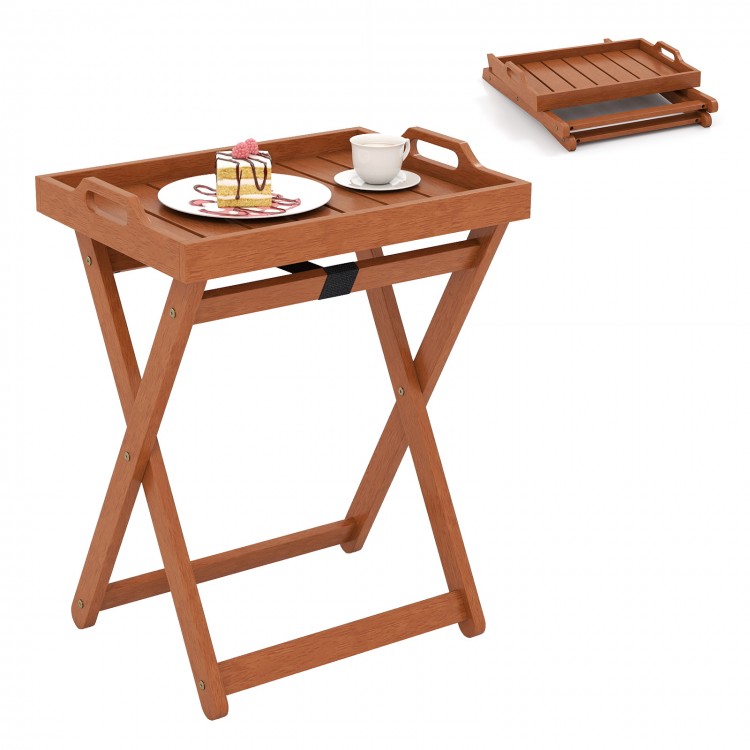 Portable outdoor wood tray table with folding frame, featuring side handles and a rustic finish, ideal for patio use.