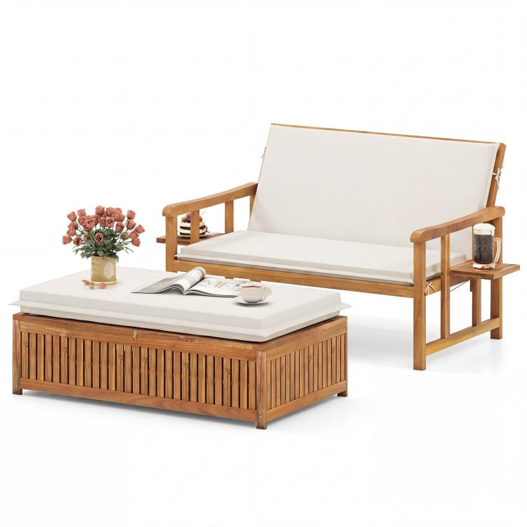 Outdoor wooden daybed with white removable cushions and 4-level backrest, perfect for backyard relaxation.