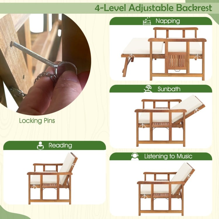 Adjustable backrest of the outdoor wooden daybed with removable cushions, perfect for napping, sunbathing, or reading.