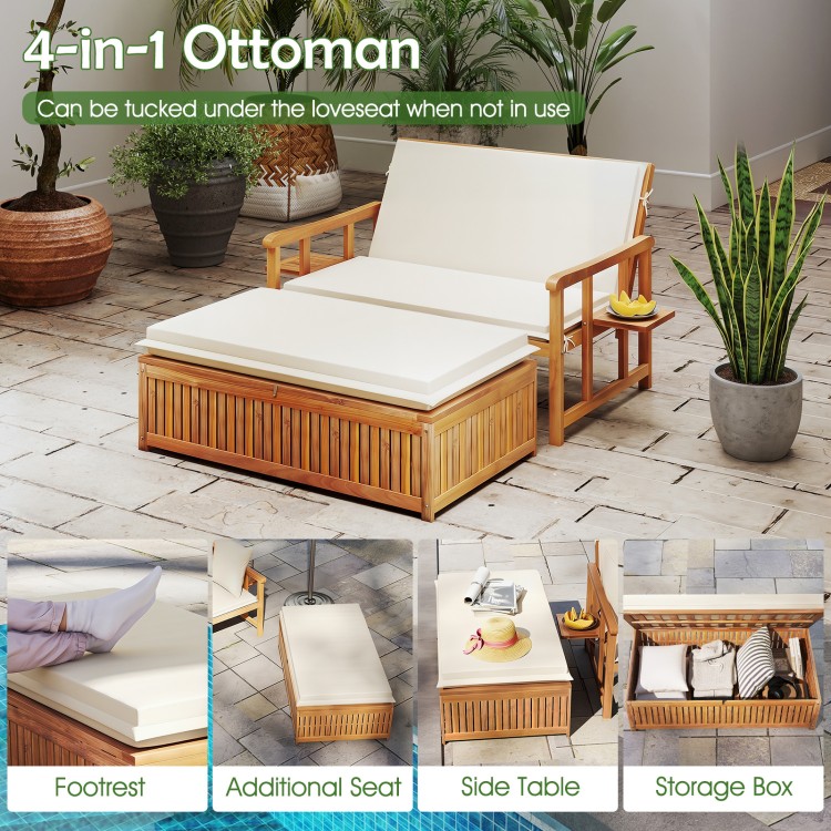 Multifunctional ottoman with storage box and removable cushions, made of acacia wood, ideal for outdoor relaxation.