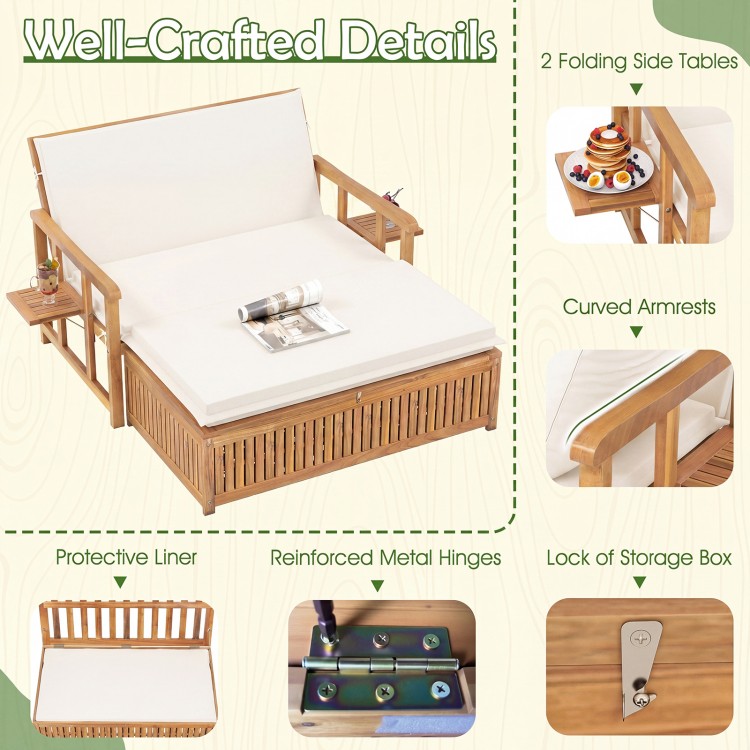 Outdoor wooden daybed with removable white cushions, curved armrests, and two folding side tables for backyard.