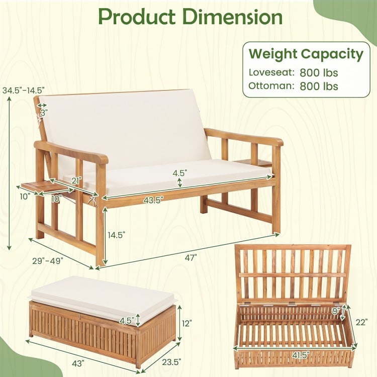 Dimensions of the Outdoor Wooden Daybed with adjustable backrest, acacia wood frame, and removable cushions for.