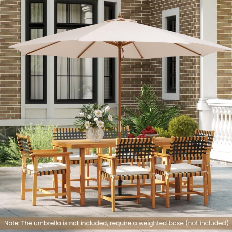 Outdoor wooden dining table crafted from acacia wood, featuring a built-in umbrella hole, perfect for 4-6 guests.