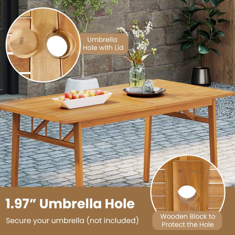 Outdoor wooden dining table featuring a 1.97” umbrella hole with lid, crafted from durable acacia wood for stability.