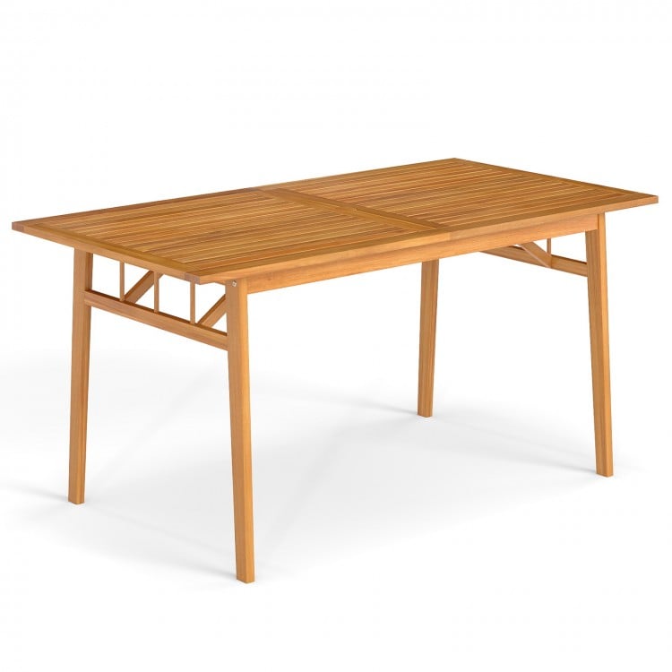 Outdoor wooden dining table made of acacia wood, featuring a slatted top and umbrella hole, perfect for 4-6 guests.