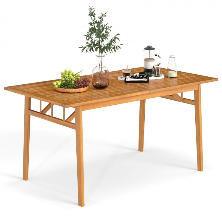 Outdoor wooden dining table made of acacia wood, featuring a slatted top and built-in umbrella hole for patios and.