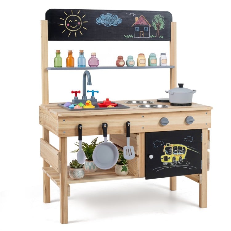 Wooden outdoor mud kitchen for kids with rotatable knobs, two basins, and hooks for organized cooking fun and.