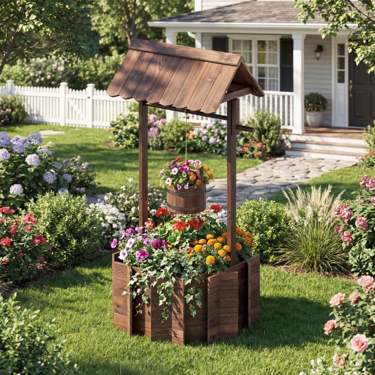 Outdoor wooden wishing well planter with burnt-like finish, featuring a bucket for smaller plants, perfect for garden.