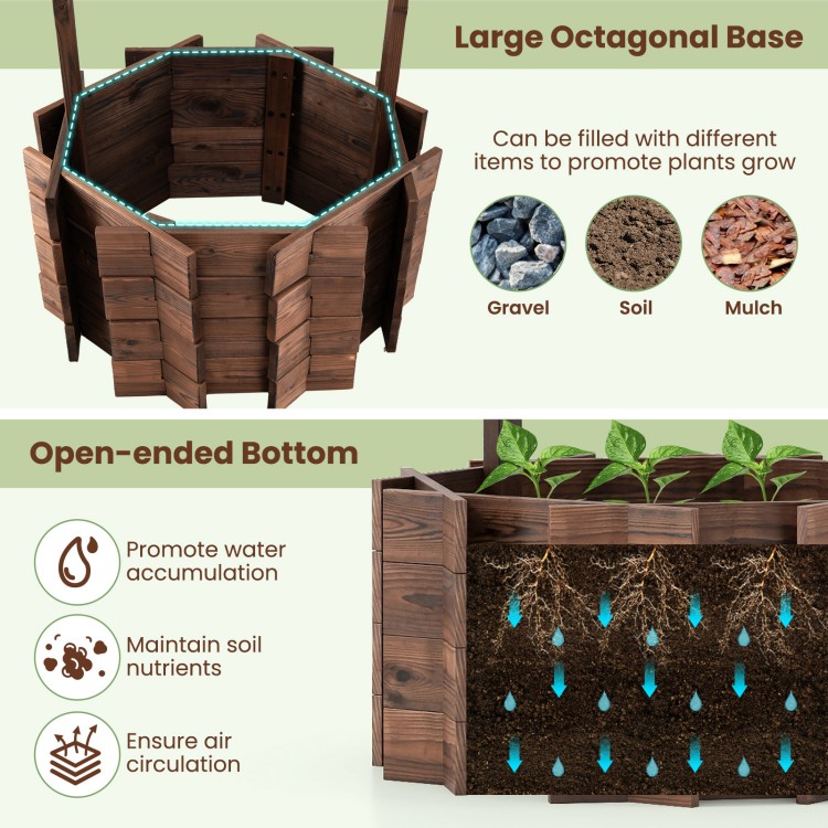 Large octagonal wooden planter bucket with open-ended bottom for air circulation and water accumulation, ideal for.
