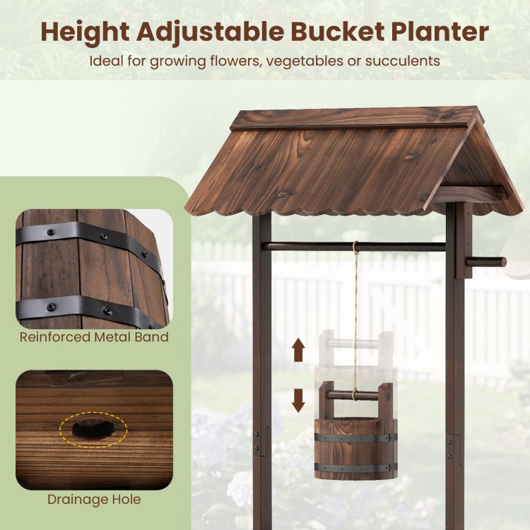 Height adjustable wooden wishing well planter bucket with rustic burnt-like finish for growing flowers or succulents.