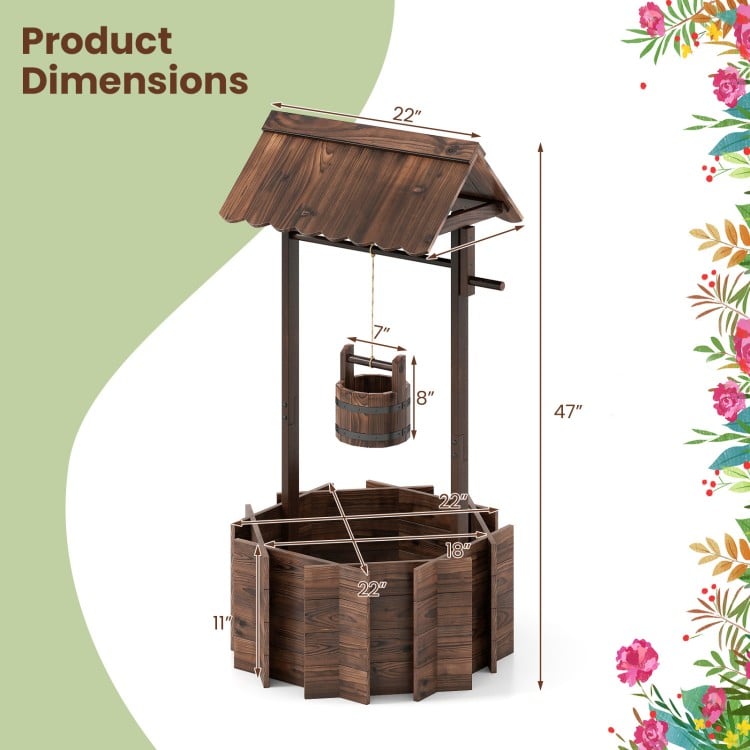 Outdoor wooden wishing well planter with rustic burnt-like finish, featuring a bucket for smaller plants, dimensions.