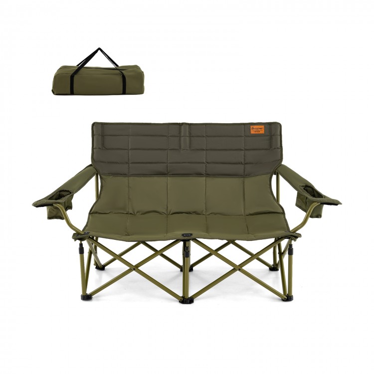 Oversized green camping loveseat with thick padding, cup holders, and quick folding design for easy portability.
