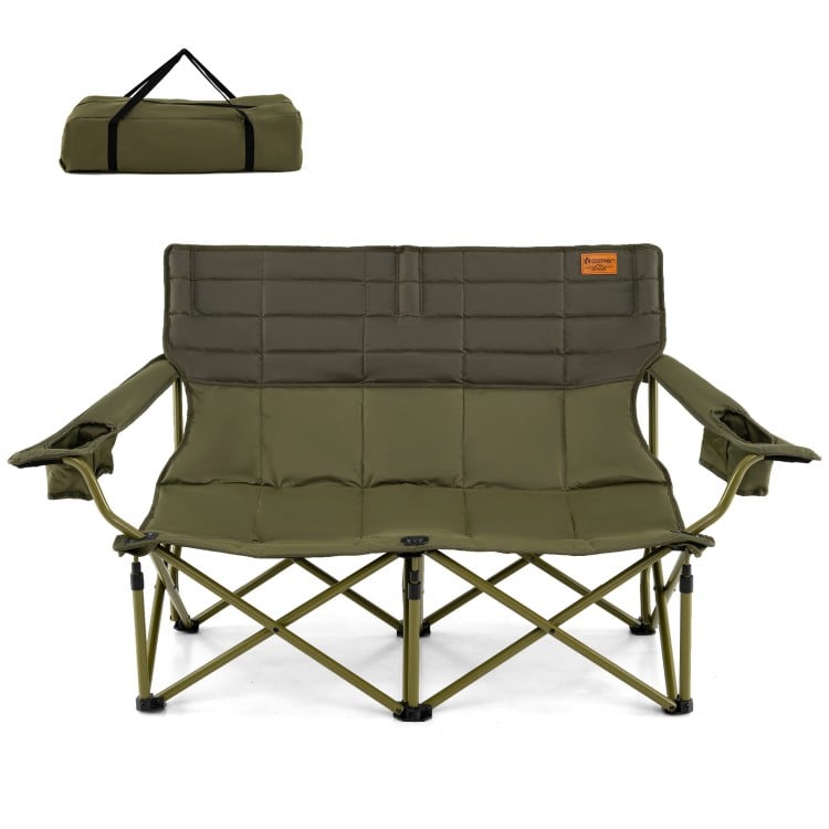 Oversized green camping loveseat with thick padding, dual cup holders, and quick folding design for easy portability.