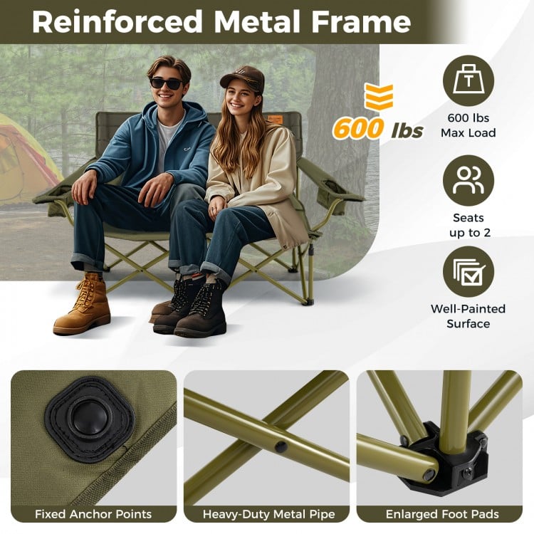 Oversized green camping loveseat chair with cup holders, thick padding, and reinforced metal frame for outdoor comfort.