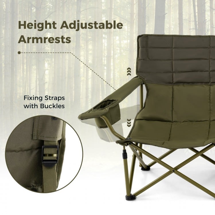 Adjustable armrests of the oversized green camping chair with cup holders and thick padding for enhanced comfort.