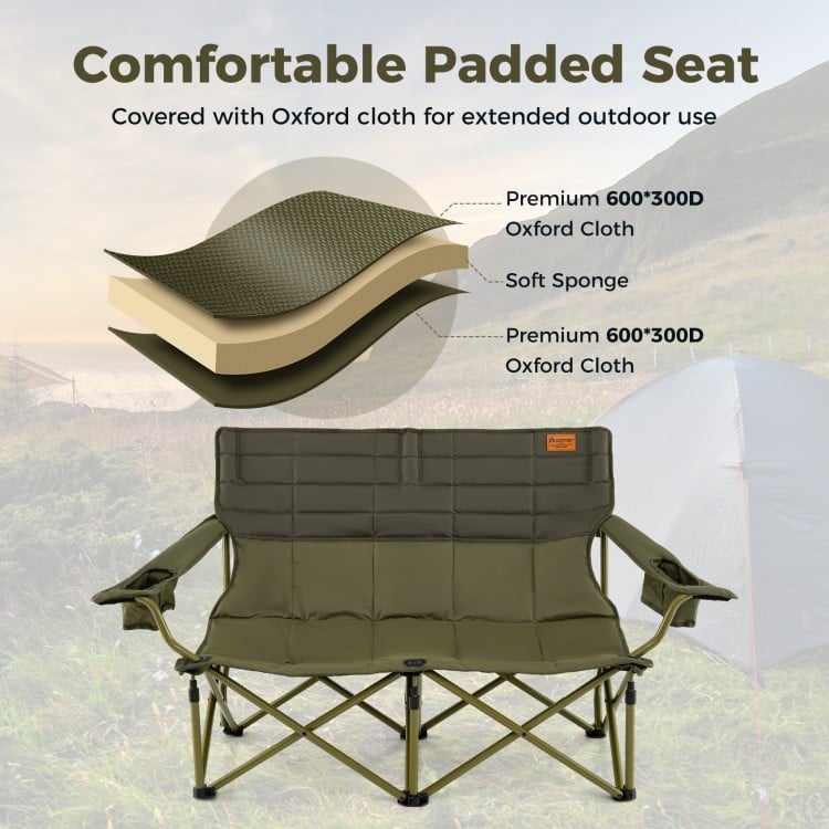 Oversized green camping loveseat with thick padding, cup holders, and durable oxford cloth for outdoor comfort.