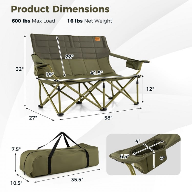 Detailed product dimensions of the oversized green camping loveseat, showcasing load capacity and compact storage.