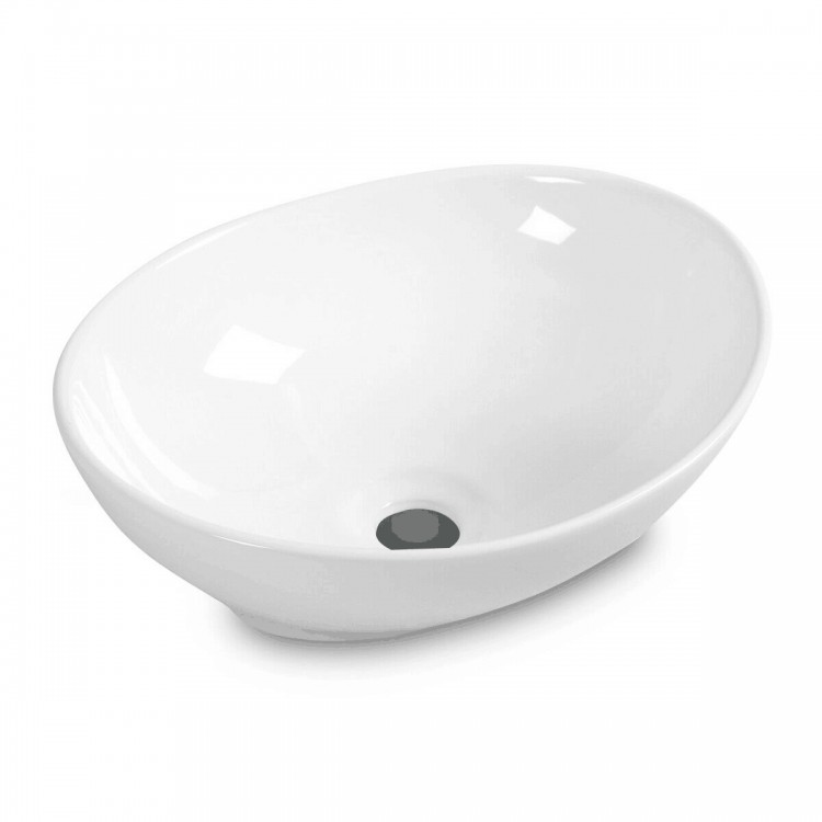 Contemporary oval ceramic vessel sink with popup drain design, perfect for bathroom upgrades and aesthetic appeal.