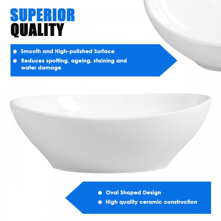 Oval ceramic vessel sink with high-polished surface and popup drain design, ideal for modern bathroom upgrades.