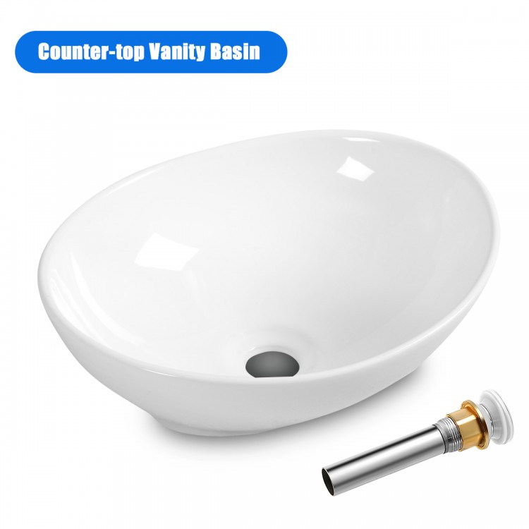Elegant oval bathroom basin in high-quality ceramic, featuring a smooth finish and popup drain design for easy water.
