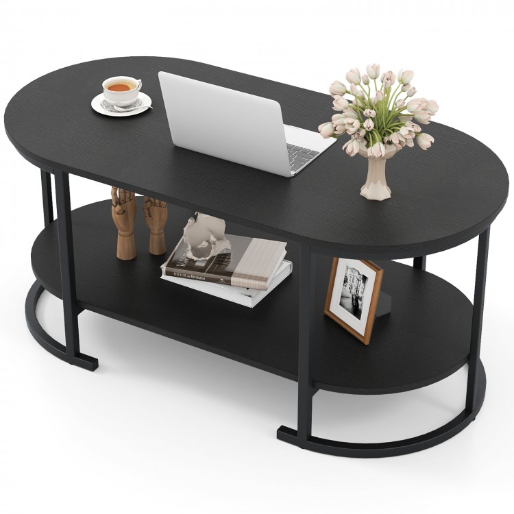 Oval black coffee table with 2-tier wooden shelves, spacious tabletop, and elegant wood grain design for versatile use.