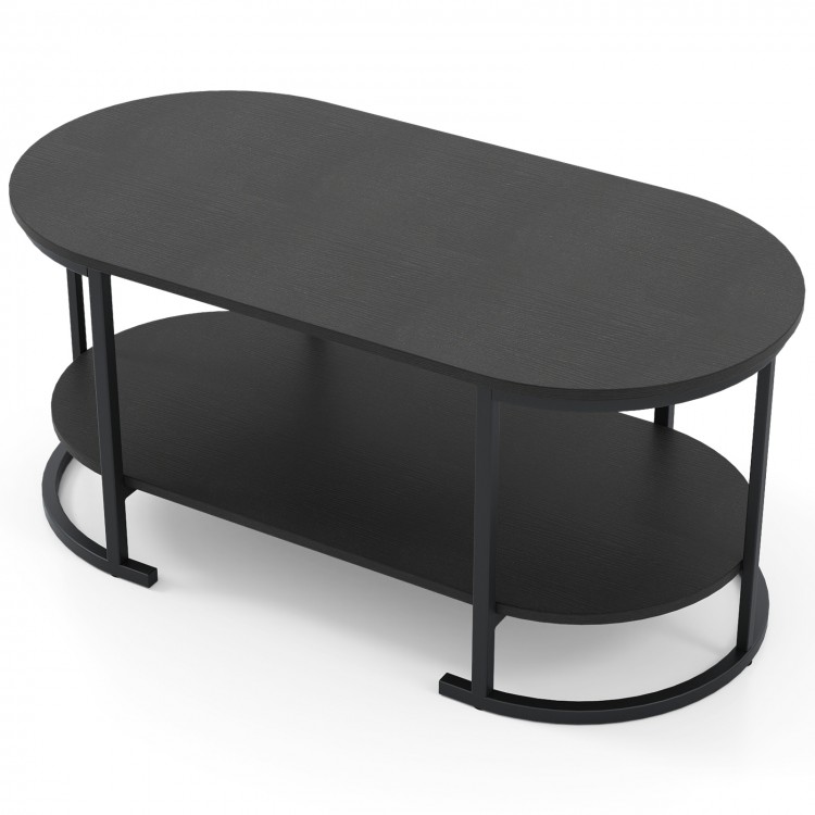 Oval black coffee table with 2-tier shelf, durable metal frame, and spacious surface for versatile use in any living.
