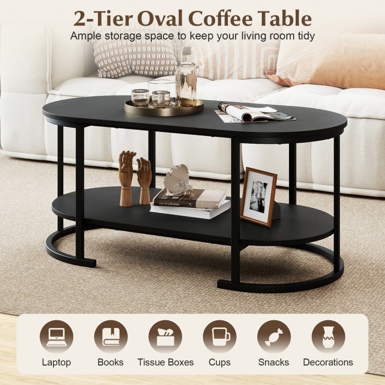 Oval 2-tier coffee table in black with spacious storage shelf, ideal for books and laptops in living room settings.