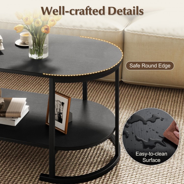 Oval coffee table in black with 2-tier storage, easy-to-clean surface, and safe round edges for versatile use.