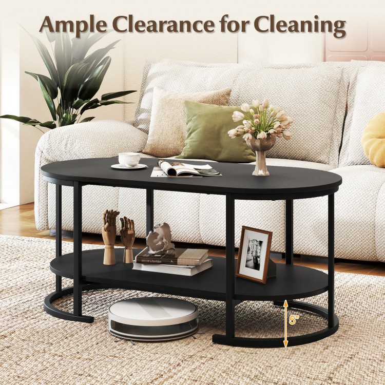 Oval black coffee table with 2-tier storage shelf and 5-inch clearance for easy cleaning, perfect for living room use.