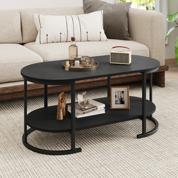 Oval black coffee table with 2-tier storage shelf, featuring a durable metal frame and elegant wood grain finish.