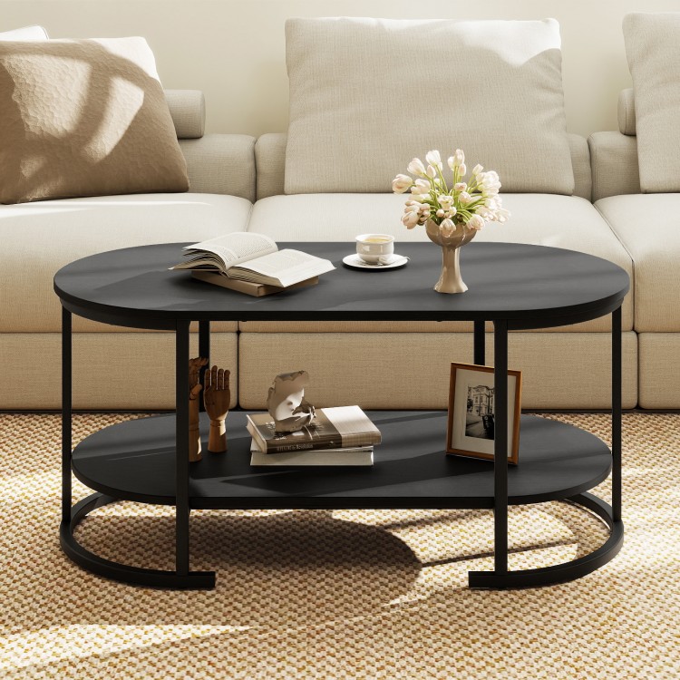 Oval black coffee table with 2-tier shelf, spacious storage, and elegant wood grain texture for versatile living room.