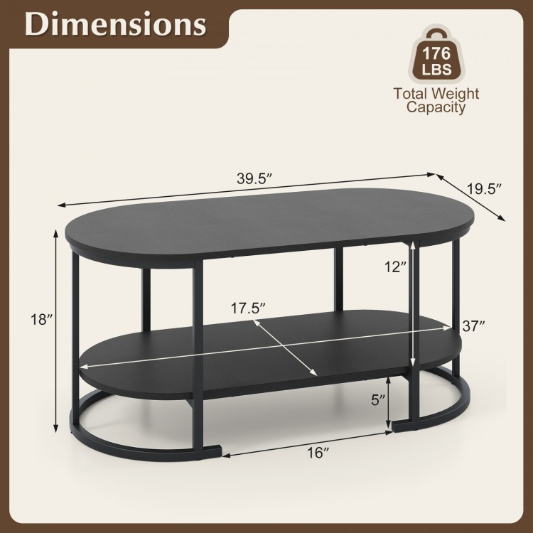 Oval coffee table with 2-tier design, black finish, spacious tabletop, and open storage shelf for versatile use.