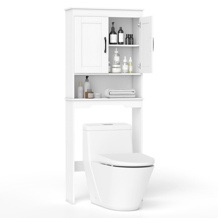 Over toilet space saver bathroom organizer in white with cabinet and adjustable shelf for efficient storage.