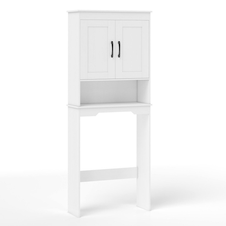 Over toilet space saver bathroom organizer in white with storage cabinet and adjustable shelf for small rooms.