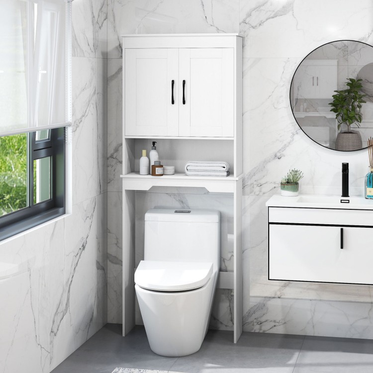 Over toilet space saver bathroom organizer with sleek design and soft close hinges, perfect for maximizing storage.