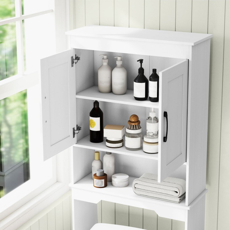 Over Toilet Space Saver Bathroom Organizer with open compartment and cabinet, featuring adjustable shelves for.