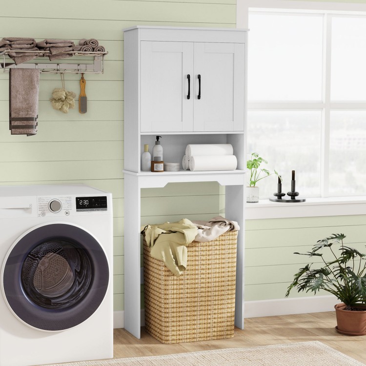 Over toilet space saver bathroom organizer in white with storage cabinet and open compartment for efficient space use.