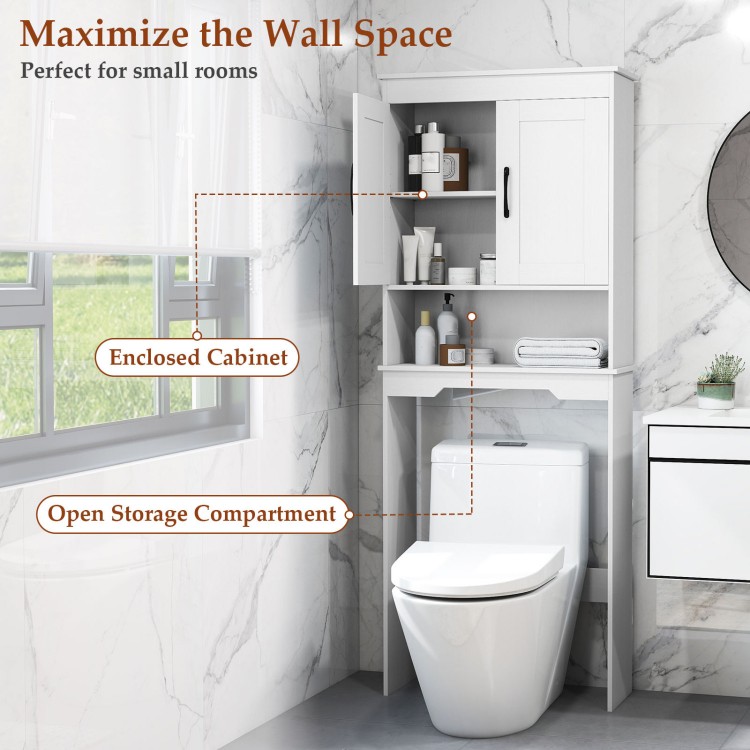 Over toilet space saver bathroom organizer with enclosed cabinet and open storage compartment, perfect for small rooms.