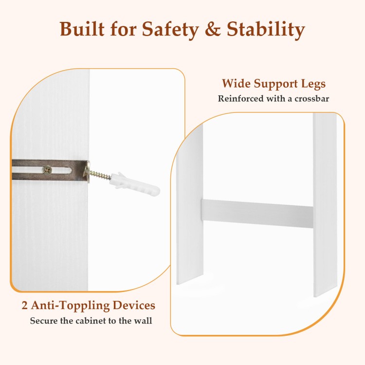 Detail of the anti-toppling device and wide support legs on the Over Toilet Space Saver Bathroom Organizer for.
