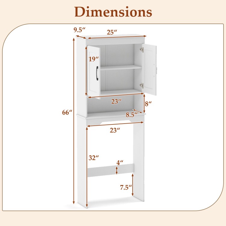 Dimensions of the Over Toilet Space Saver Bathroom Organizer with Storage Cabinet, featuring adjustable shelves and.