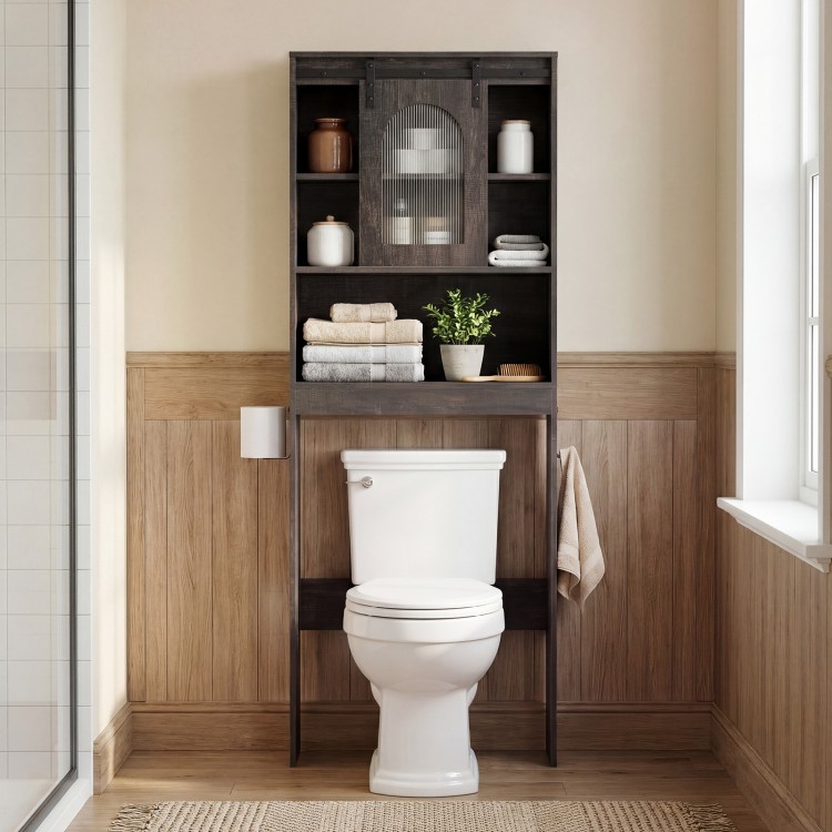 Over toilet storage cabinet with sliding barn door, open shelves, and towel storage for stylish bathroom organization.