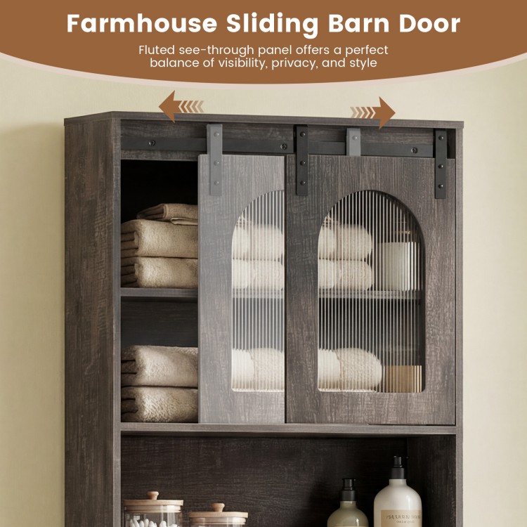 Over toilet storage cabinet featuring a farmhouse sliding barn door, open shelves, and rustic oak finish for stylish.