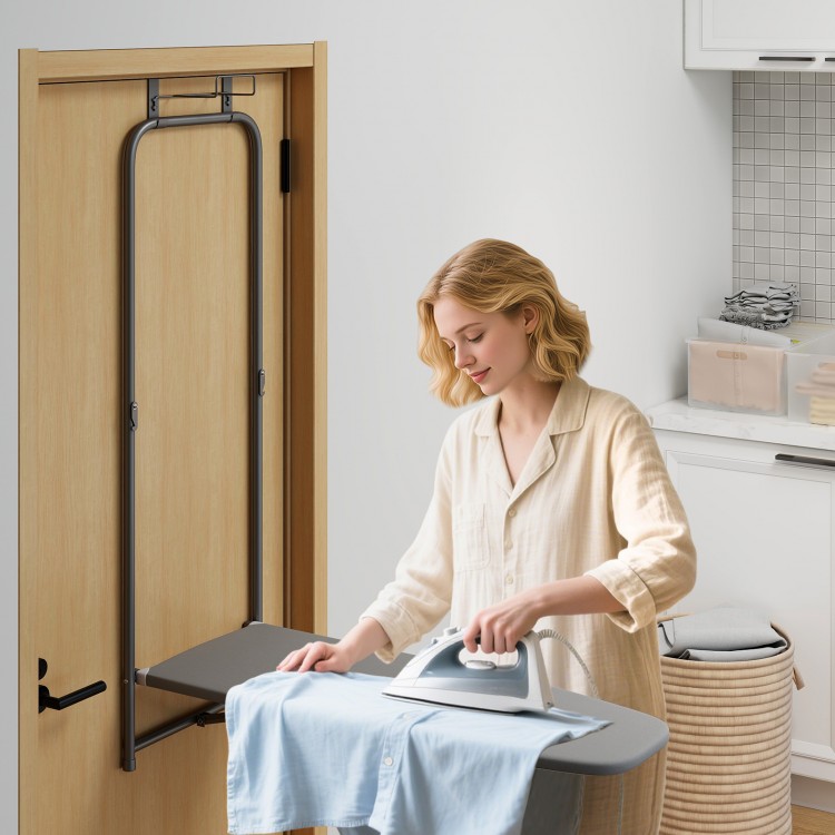 Over the door ironing board in gray with a metal frame, featuring a 3-tier cover for heat resistance, ideal for laundry.