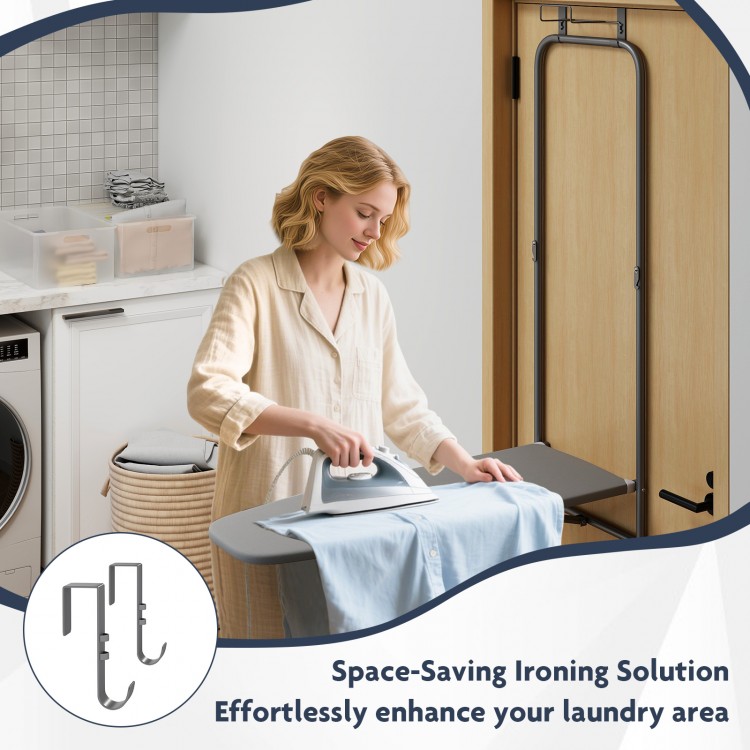 Over the door ironing board in gray, featuring a space-saving design and built-in iron holder for laundry rooms.
