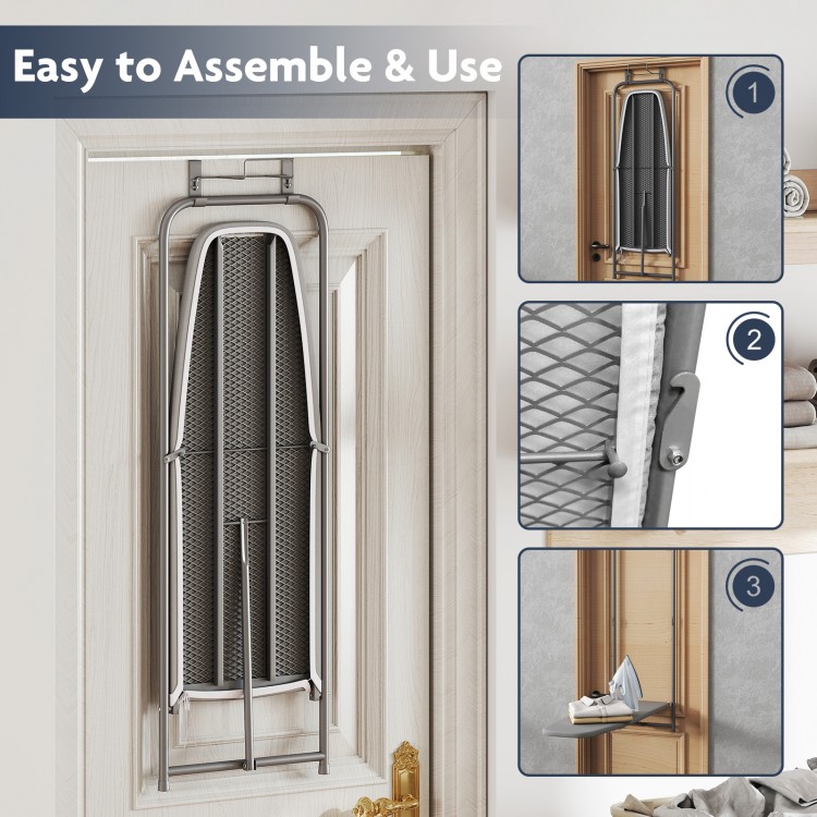 Over the door ironing board in gray with metal frame, space-saving design, and built-in iron holder for easy storage.