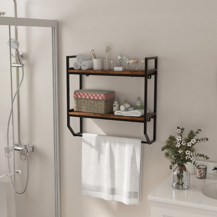 Wall-mounted over the toilet shelf with metal frame, featuring two open storage shelves and a round towel bar for.